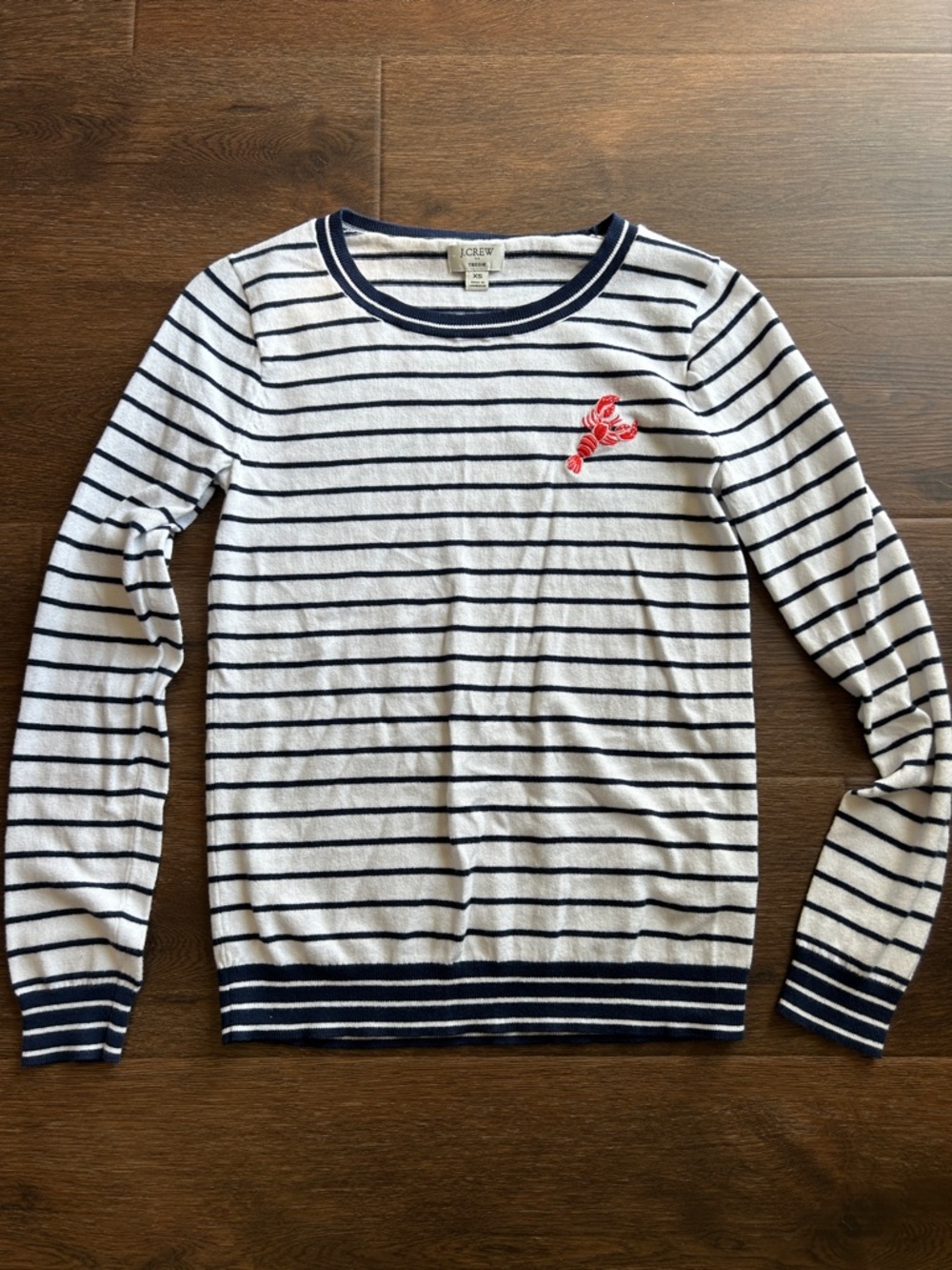 J Crew Teddie Crewneck Sweater with Blue & White Stripes & Lobster | Nautical |